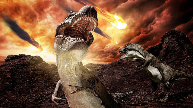 Ilustrasi dinosaurus dihantam hujan asteroid. Foto: Shutterstock