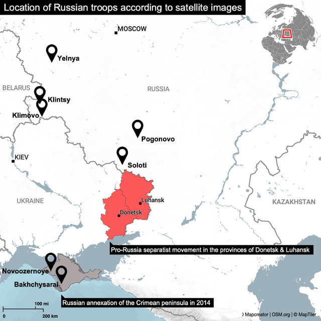Lokasi pasukan Rusia dan gerakan separatis Ukraina. Foto: Mapcreator/OSM via Reuters