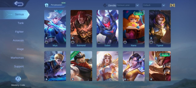 Daftar Hero di Mobile Legends. (Foto: Tangkapan Layar di Game Mobile Legends)