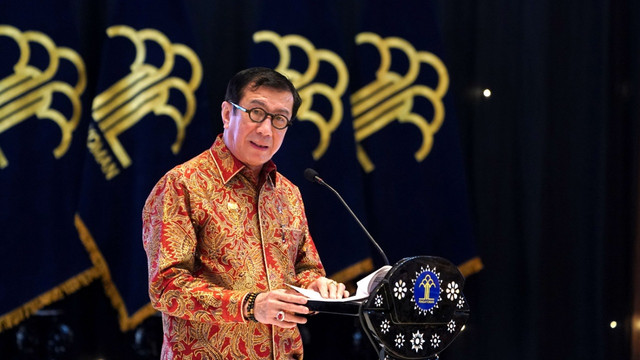 Menkumham Yasonna H Laoly pada acara Puncak Peringatan Hari Kekayaan Intelektual Sedunia tahun 2022 di Graha Pengayoman, Selasa (26/4/2022). Foto: DJKI Kemenkumham