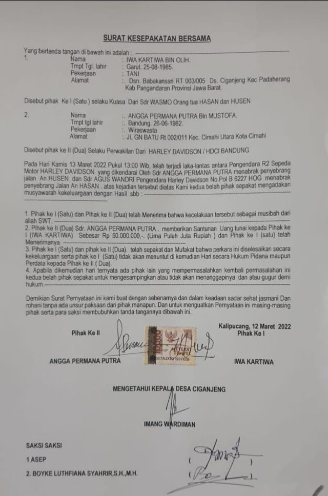 Surat pernyataan damai pengemudi moge usai tabrak anak kembar di Pangandaran. Foto: Dok. Istimewa