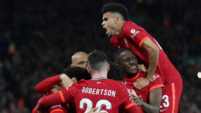 Selebrasi pemain Liverpool pada pertandingan Semi Final Liga Champions Leg Pertama di Anfield, Liverpool, Inggris. Foto: Carl Recine/Reuters