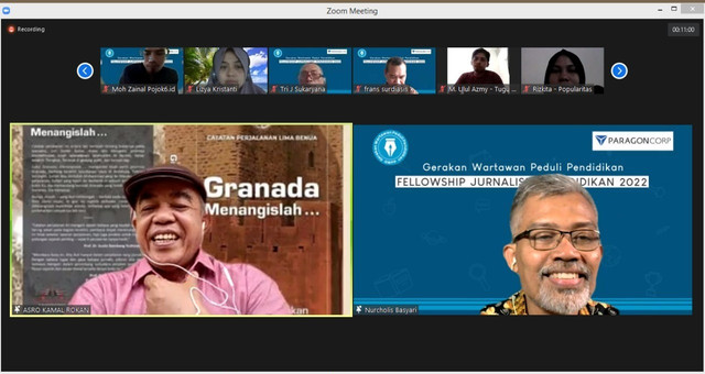 Asro Kamal Rokan (kiri) dan Direktur GWPP, Nurcholis MA Basyari (kanan) saat FJP Batch IV, pada Selasa (1/3/2022). Foto: tangkapan layar