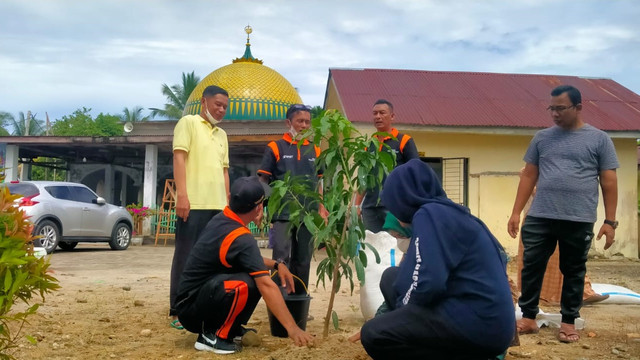 Tim Safari Ramadan Dinas Syariat Islam (DSI) Aceh menanam pohon di pekarangan Masjid Al-Ikhlas, Kecamatan Simping Kiri, Kota Subulussalam. Foto: Dok. DSI Aceh