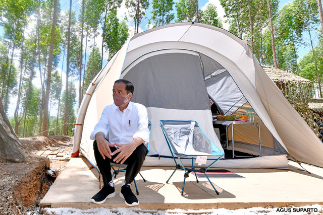 Jokowi di lokasi kemah di IKN. Foto: Agus Suparto/Presidential Palace