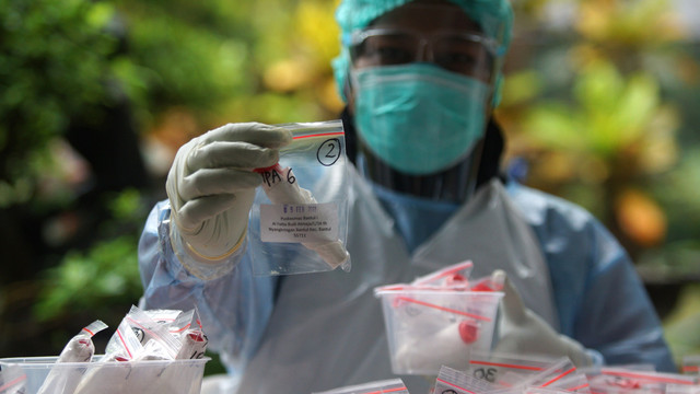 Petugas kesehatan menunjukkan sampel tes Swab PCR COVID -19 untuk guru dan siswa saat pelacakan kluster sekolah di SMA N 1 Bantul, D.I Yogyakarta, Sabtu (5/2/2022).  Foto: Andreas Fitri Atmoko/ANTARA FOTO