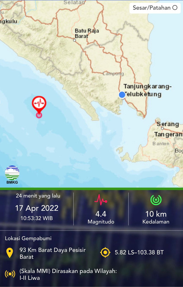 Gempa 4.4 Magnitudo berpusat di Pesisir Barat, Lampung, Minggu (17/4/2022) | Foto: Info BMKG
