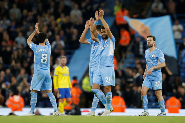 Selebrasi pemain Manchester City usai mencetak gol ke gawang Brighton and Hove Albion pada pertandingan lanjutan Liga Inggris di Stadion Etihad, Manchester, Inggris.
 Foto: Craig Brough/REUTERS