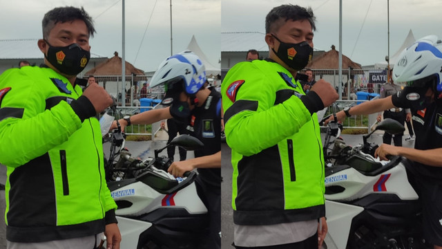 Aipda Lalu Dwi Prayitno bersama pebalap MotoGP, Franco Morbidelli. Foto: Dok Aipda Lalu Dwi Prayitno