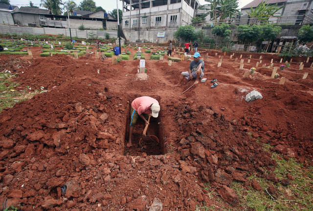 Pekerja membuat lubang makam untuk jenazah kasus COVID-19 di TPU khusus COVID-19 di Jombang, Tangerang Selatan, Banten, Rabu (23/2/2022). Foto: Muhammad Iqbal/ANTARA FOTO