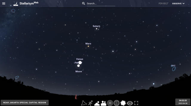 Penampakan jejeran 4 planet dari Stellarium Web, Jakarta jam 4:52 WIB. Foto: Dok. Stellarium