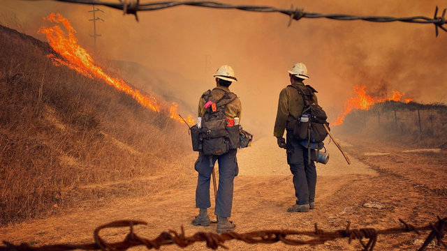 Pemadam kebakaran bekerja memadamkan kebakaran Alisal ke peternakan di Highway 101 Guillermo Canyon, selatan Pantai Negara Bagian Gaviota, California, AS, Selasa (12/10). Foto: Mike Eliason/SBCo FD/Handout via REUTERS