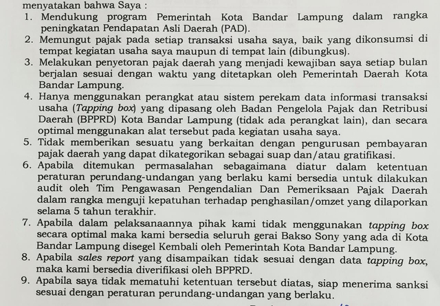 9 poin pakta integritas antara Bakso Sony dengan Pemkot Bandar Lampung, Rabu (13/10) | Foto : Ist