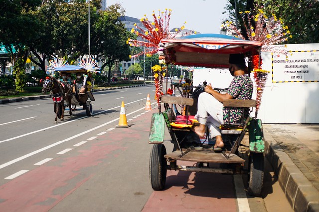 Pemilik delman menunnggu pengunjung di kawasan Monas, Jakarta, Minggu (24/10). Foto: Iqbal Firdaus/kumparan
