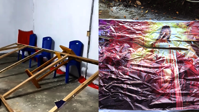 Kolase rumah ibadah yang dirusak dan baliho yang diturunkan secara paksa di rumah ibadah jemaat Advent, di desa Tumaluntung, Kecamatan Tareran, Kabupaten Minahasa Selatan