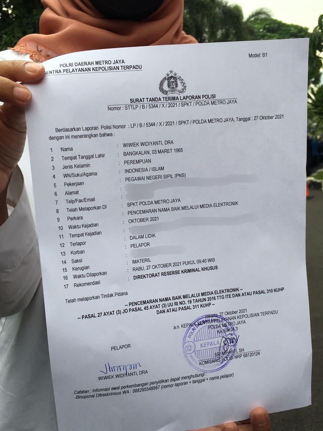 Laporan pejabat Kemensos ke Polda Metro Jaya soal Pencemaran Nama Baik. Foto: Dok. Istimewa