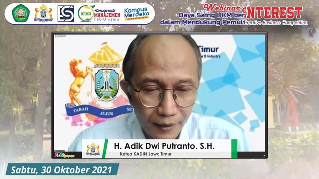 Ketua Kadin Jatim, Adik Dwi Putranto memberikan materi Peran Kadin Dalam Meningkatkan UKM Berdaya Saing Ekspor Dalam Mendukung Pemulihan Ekonomi Nasional. Foto: dok