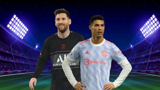 Pemain PSG Lionel Messi dan pemain Manchester United Cristiano Ronaldo. Foto: AFP dan REUTERS