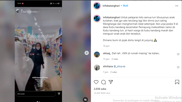 Screenshoot akun instagram @infobatanghari.