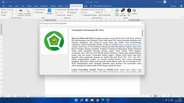 Quran Kemenag in Word, sumber hasil screenshoot aplikasi QKIW