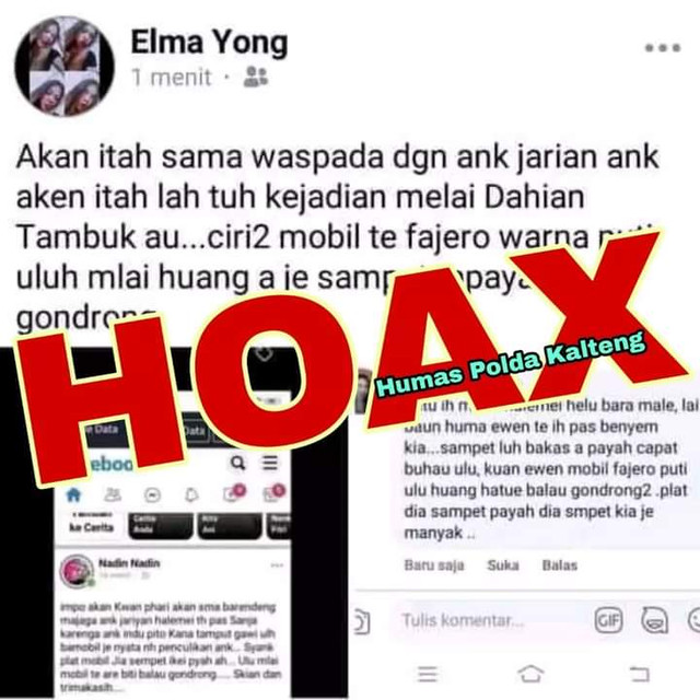 Informasi tentang penculikan anak yang distempel hoax oleh Humas Polda Kalteng.