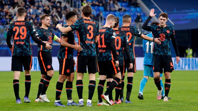 Selebrasi pemain Chelsea saat melawan Zenit St Petersburg di Gazprom Arena, Saint Petersburg, Rusia.
 Foto: Anton Vaganov/Reuters