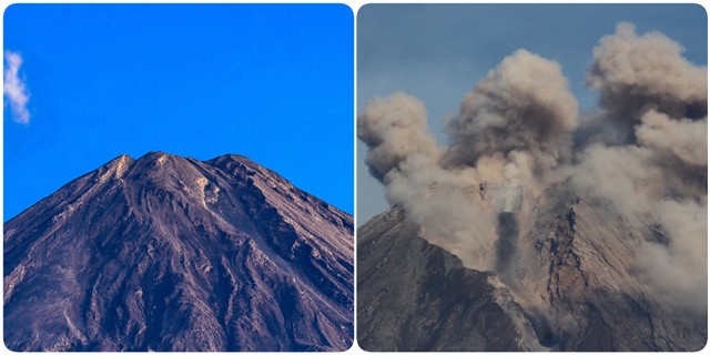 Foto Gunung Semeru sebelum dan sesudah meletus pada Sabtu (4/12/2021). Foto: Antara dan shutterstock