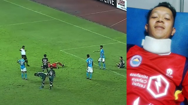 Insiden saat kiper Sulut United, Ferry Bagus, terkapar pingsan usai terkena tendangan pemain PSMS Medan. (foto: capture vidio). Inzet: Ferry Bagus menggunakan penyangga leher