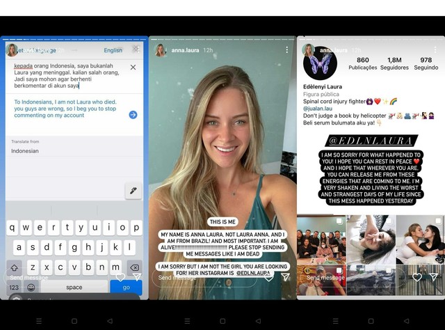 Anna Laura, yang memakai username anna.laura di Instagram, jadi korban salah sasaran spam komentar duka netizen Indonesia. Foto: Instagram/anna.laura