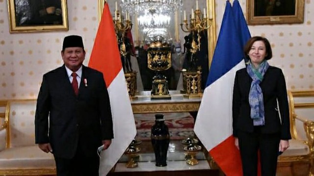 Menteri Pertahanan RI Prabowo Subianto bersama Menteri Pertahanan Perancis Florence Parly, saat bertemu di Kantor Kementerian Pertahanan Prancis, Paris, Perancis (21/10). (Dok. Foto/KBRI Paris)