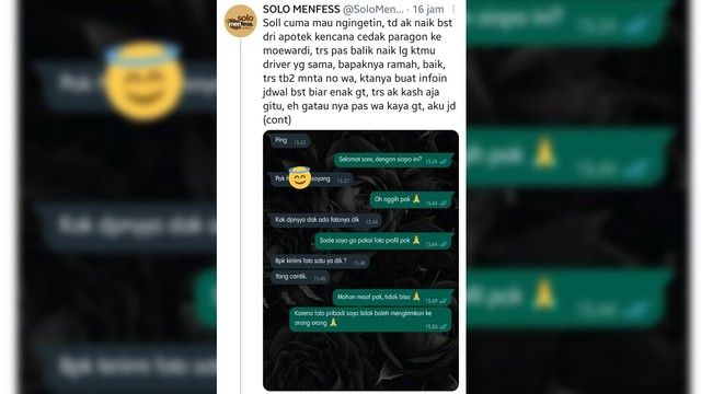 Tangkapan layar percakapan di aplikasi Whatsapp antara orang yang mengaku pengemudi Batik Solo Trans (BST) dengan seorang penumpang perempuan. FOTO: Twitter @SoloMenfess