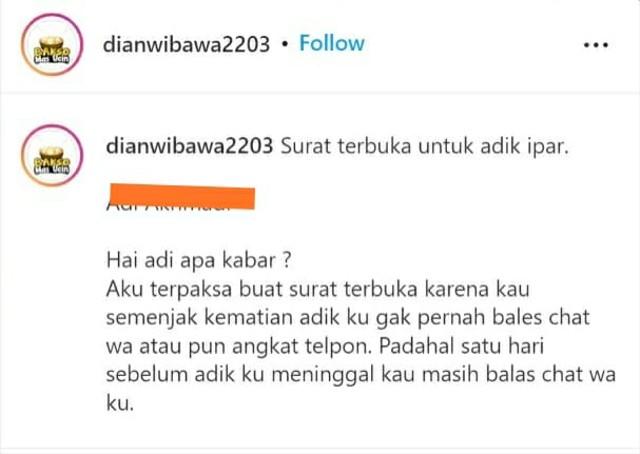 Postingan akun Instagram @dianwibawa2203 yang viral di media sosial.