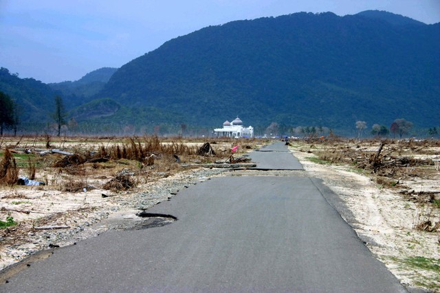 Masjid Rahmatillah Lampuuk dari kejauhan, tersisa dari sapuan tsunami Aceh, diabadikan 7 Februari 2005. Foto: Adi Warsidi 