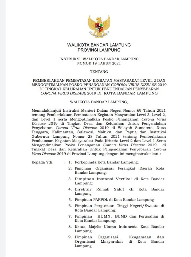 Instruksi Wali Kota Bandar Lampung tentang pencegahan penularan COVID-19 di saat natal dan tahun baru, Selasa (28/12) | Foto : Ist