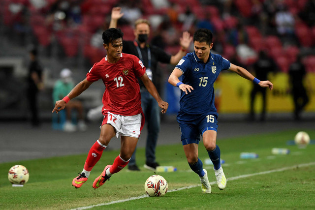 Pemain Indonesia Pratama Arhan Alif Rifai (kiri) berebut bola dengan pemain Thailand Narubadin Weerawatnodom pada pertandingan leg kedua final sepak bola AFF Suzuki Cup 2020. Foto: Roslan RAHMAN / AFP