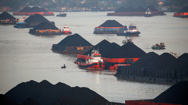 Tongkang batu bara terlihat sedang mengantri untuk ditarik di sepanjang sungai Mahakam di Samarinda, provinsi Kalimantan Timur, Indonesia. Foto: REUTERS/Willy Kurniawan