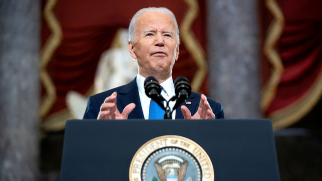 Presiden AS Joe Biden memberikan pidato peringatan kerusuhan pendukung Trump di US Capitol, Washington, DC. Foto: Greg Nash/Pool via REUTERS