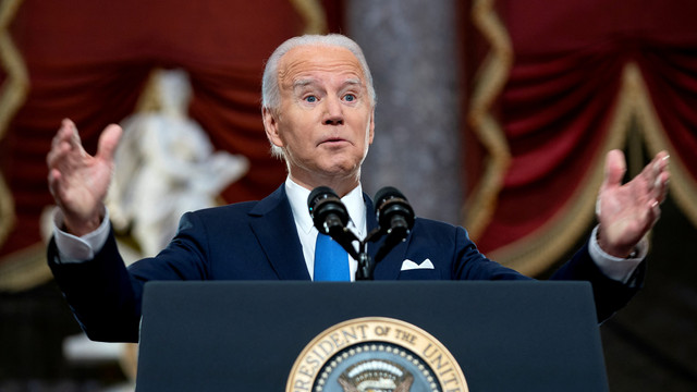 Presiden AS Joe Biden memberikan pidato peringatan kerusuhan pendukung Trump di US Capitol, Washington, DC. Foto: Greg Nash/Pool via REUTERS