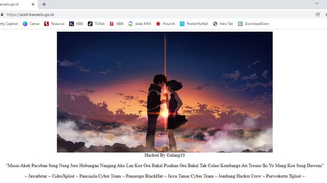 Situs web Bawaslu Aceh diretas. Peretas membuat laman aceh.bawaslu.go.id berubah dengan menampilkan gambar dan pesan kisah asmara. Foto: tangkapan layar