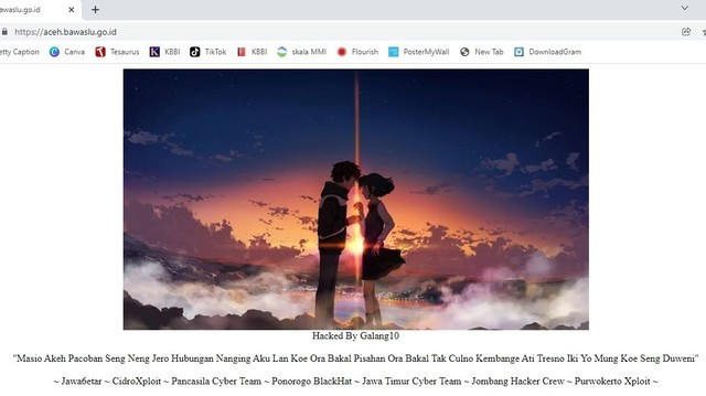 Situs web Bawaslu Aceh diretas dan sempat menampilkan gambar dan pesan kisah asmara saat diakses acehkini pada Sabtu (15/1) pukul 14.00 WIB. Foto: tangkapan layar