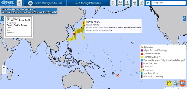 Peringatan tsunami 3 meter di Prefektur Iwate, Sabtu (15/1/2022). Foto: Badan Meteorologi Jepang