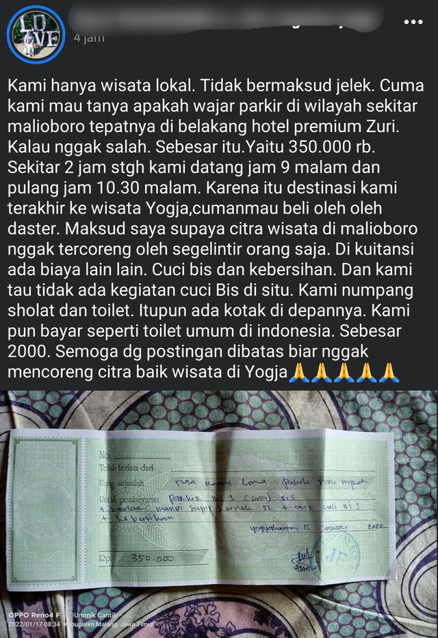 Tangkapan layar viral parkir mahal di Yogyakarta.
 Foto: Dok. Istimewa