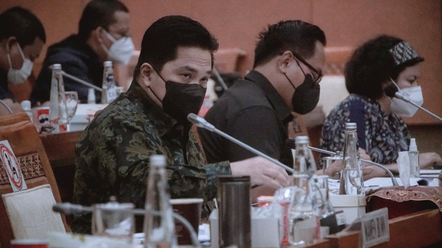 Menteri BUMN Erick Thohir mengikuti rapat kerja dengan Komisi VI DPR RI terkait progres penanganan masalah PT Garuda Indonesia di ruang rapat Komisi VI DPR RI, Jakarta, Kamis (25/1/2022). Foto: Jamal Ramadhan/kumparan
