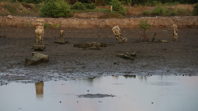 Nisan peninggalan keseultanan Aceh berserakan di lumpur kawasan Gampong Pande, Banda Aceh. Foto: Fahzian Aldevan untuk acehkini