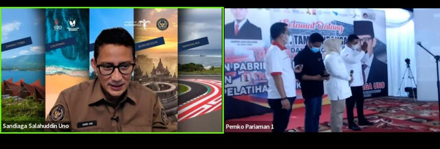 Foto : Sandiaga Uno saat menyapa virtual dengan CEO OK OCE Truss, Harpen Agus Bulyandi, Ketua Umum OK OCE, Iim Rusyamsi dan Walikota Pariaman, Genius Umar