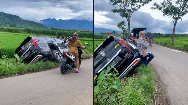Perempuan belajar mobil nyungsep. (Foto: @aleyaskincareofficial/TikTok)