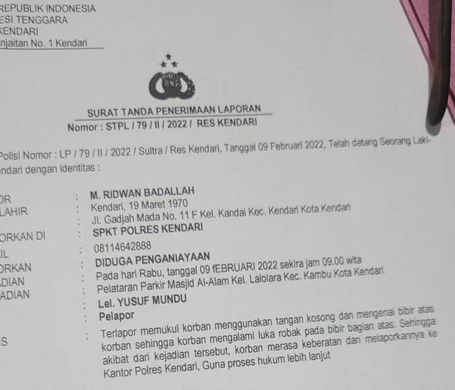 Laporan polisi Kominfo Sultra terkait pemukulan yang dilakukan oleh Kepala Dinas Bapenda Sultra. Foto: Al - Pagala/kendarinesia.