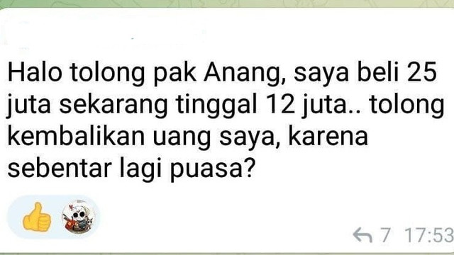 Anggota grup Telegram ASIX Token ID heran nilai investasinya turun dan meminta Anang Hermansyah untuk mengembalikan dananya. Foto: Screenshot Telegram