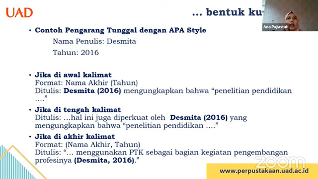 Ana Pujiastuti, S,IP. pustakawan Perpustakaan Universitas Ahmad Dahlan (UAD) menjelaskan optimasi fitur Ms Word (Foto: Farida)