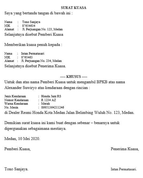 Cara Dan Contoh Membuat Surat Kuasa Pengambilan Bpkb Kumparan Com